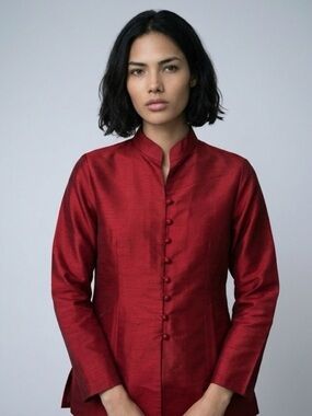 100% SILK SHANTUNG MANDARIN STYLE JACKET/TOP MAROON.RED.WINE COLOR SZ XL ASIAN
